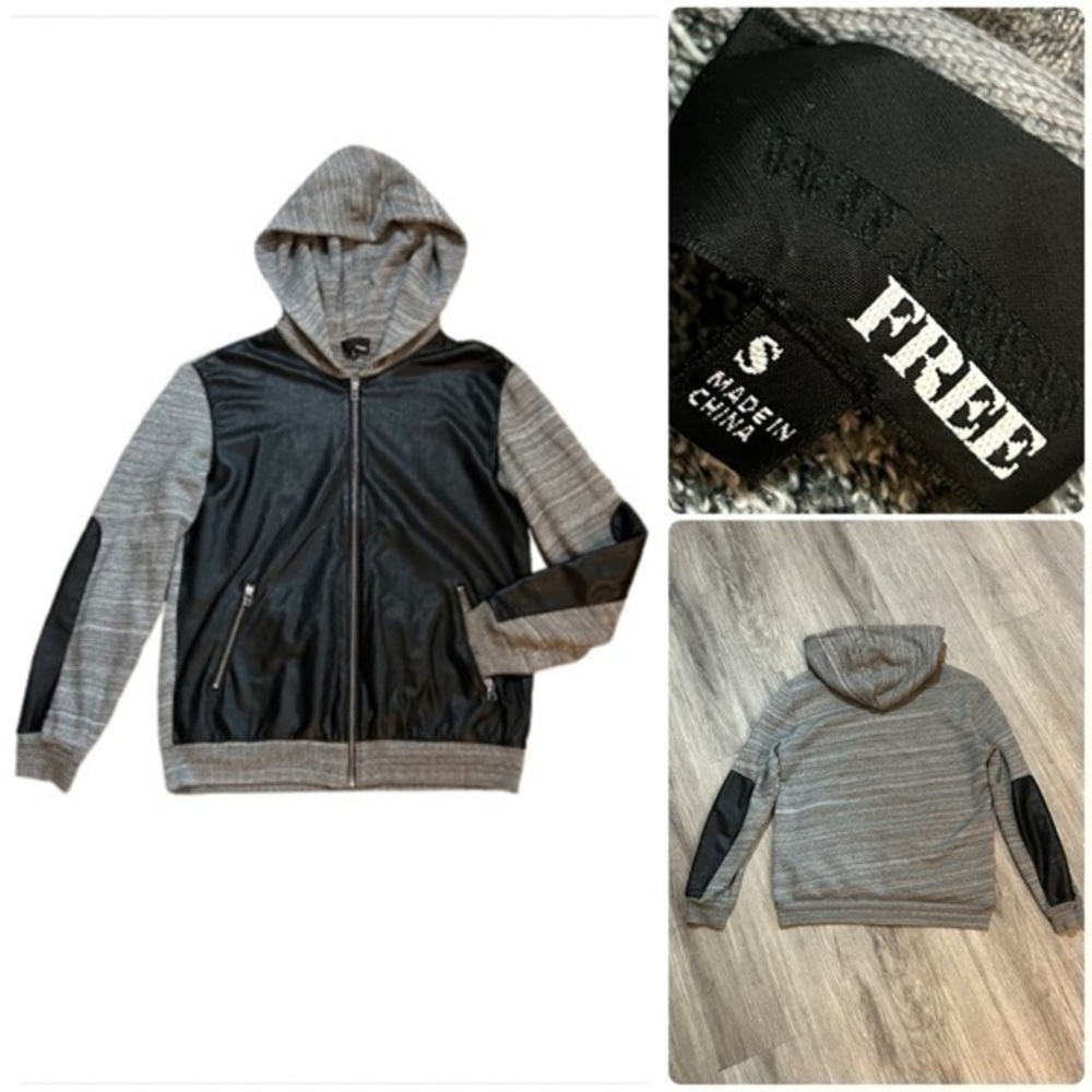 Wilfred Gray and Black Faux Leather Full-Zip Hoodie Jacket